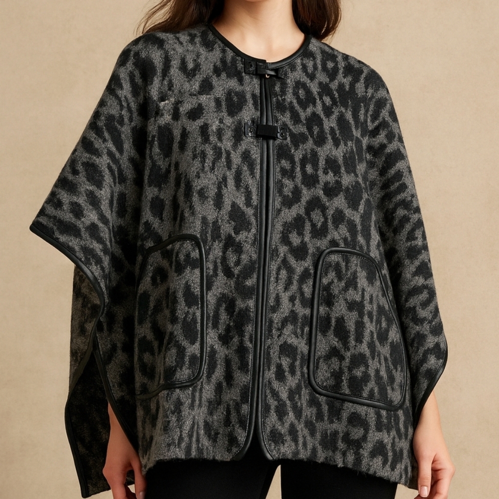 Wool Blend Animal Print Jaguar Poncho Med Timeless Classy Cape Romantic Elegant